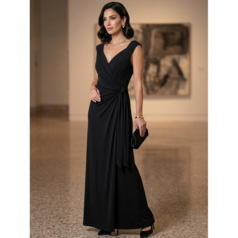 Gianfranco Ferre Studio Italy Vintage 90s Black V-Neck Side Tie Gown Dress 10